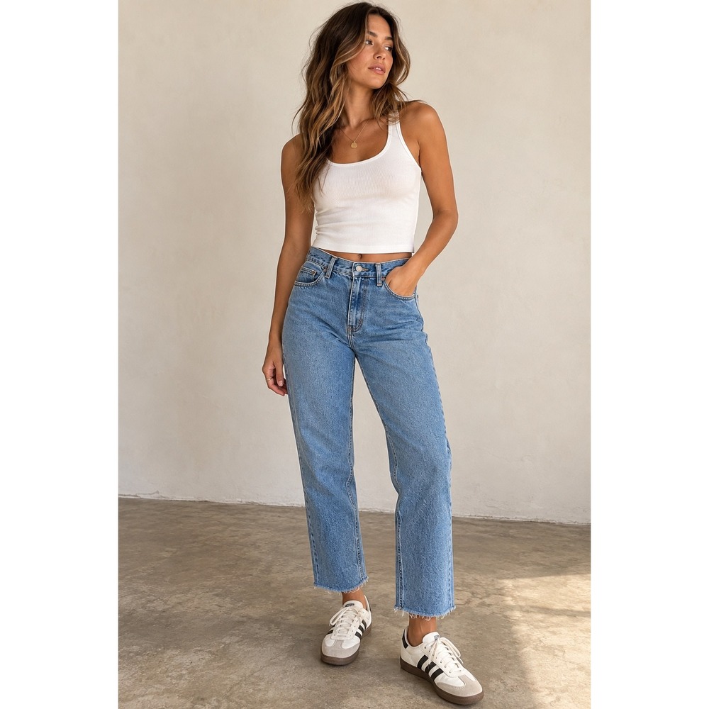 J. Galt Straight Leg Jeans High Rise Light Blue Raw Hem Size Small / 26"